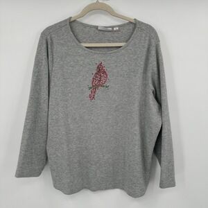 Quacker Factory Jeanne Bice Gray Waffle Knit Cardinal Embellished Sequin‎ Top 1X